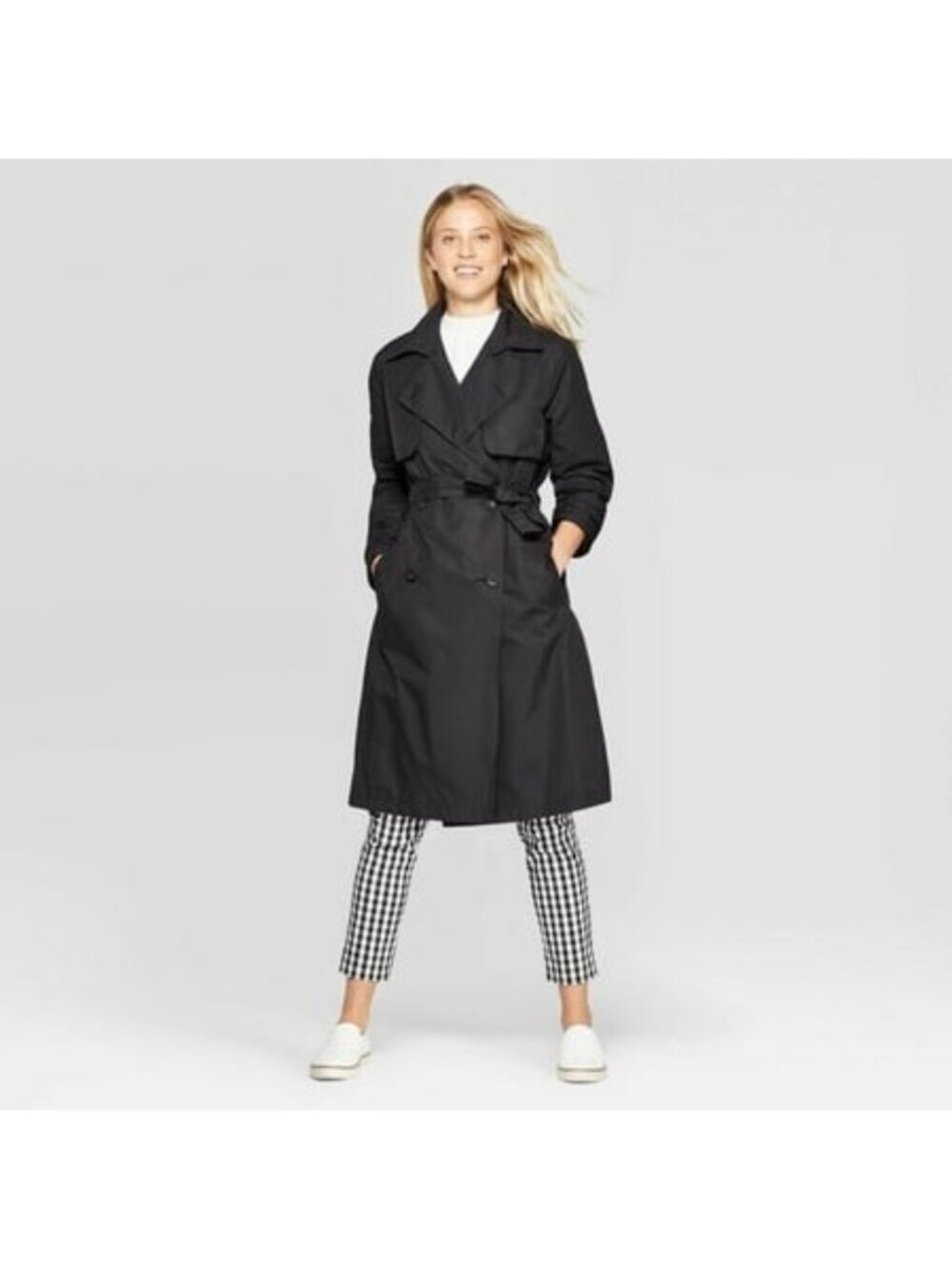 A New Day Water-Resistant Black Trench Coat With Belt Double-Breasted Size Small